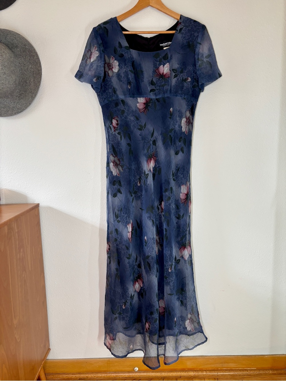 Vintage Babydoll Floral Maxi Dress Sz 12 Dark Romantic Sheer Blue Bias Cut Flowy